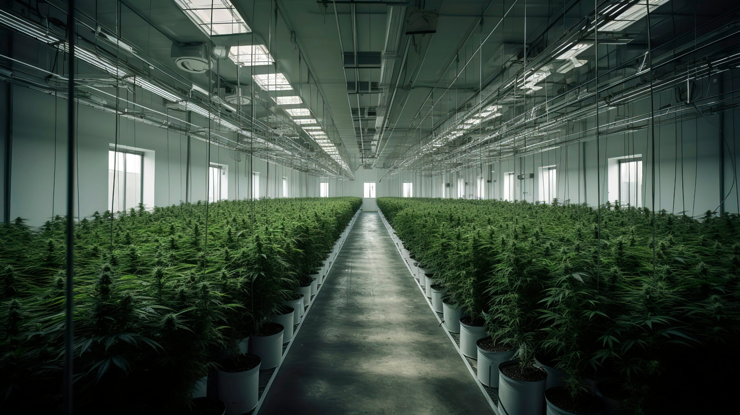 Professional long and wide indoor hemp plantation in a modern, industrial large hall.